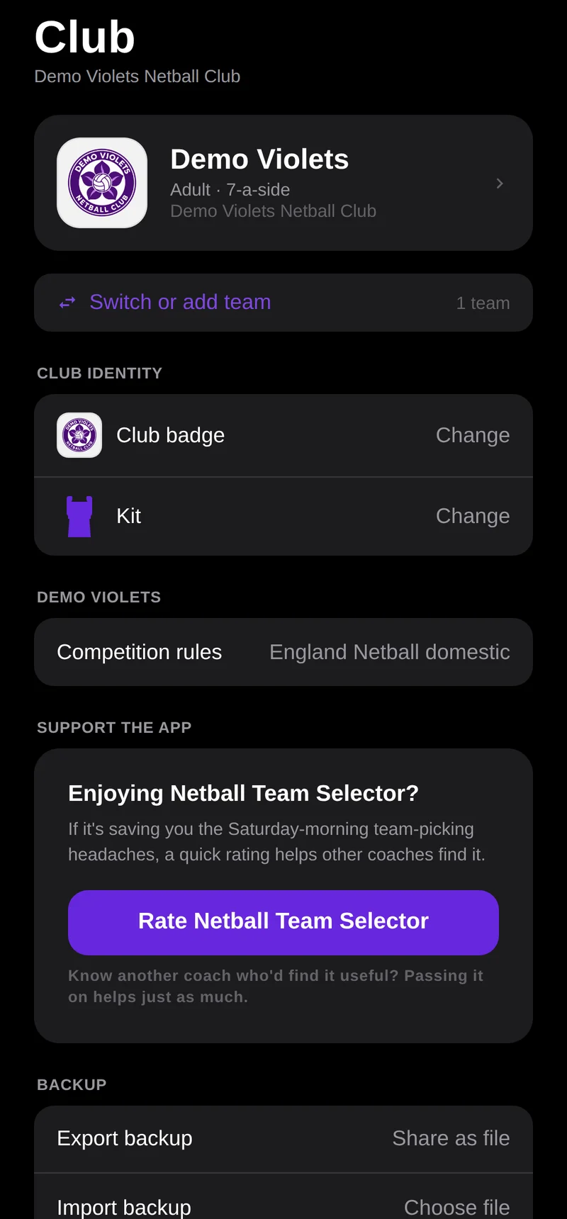 The Club screen with the club badge, kit colours and competition rules