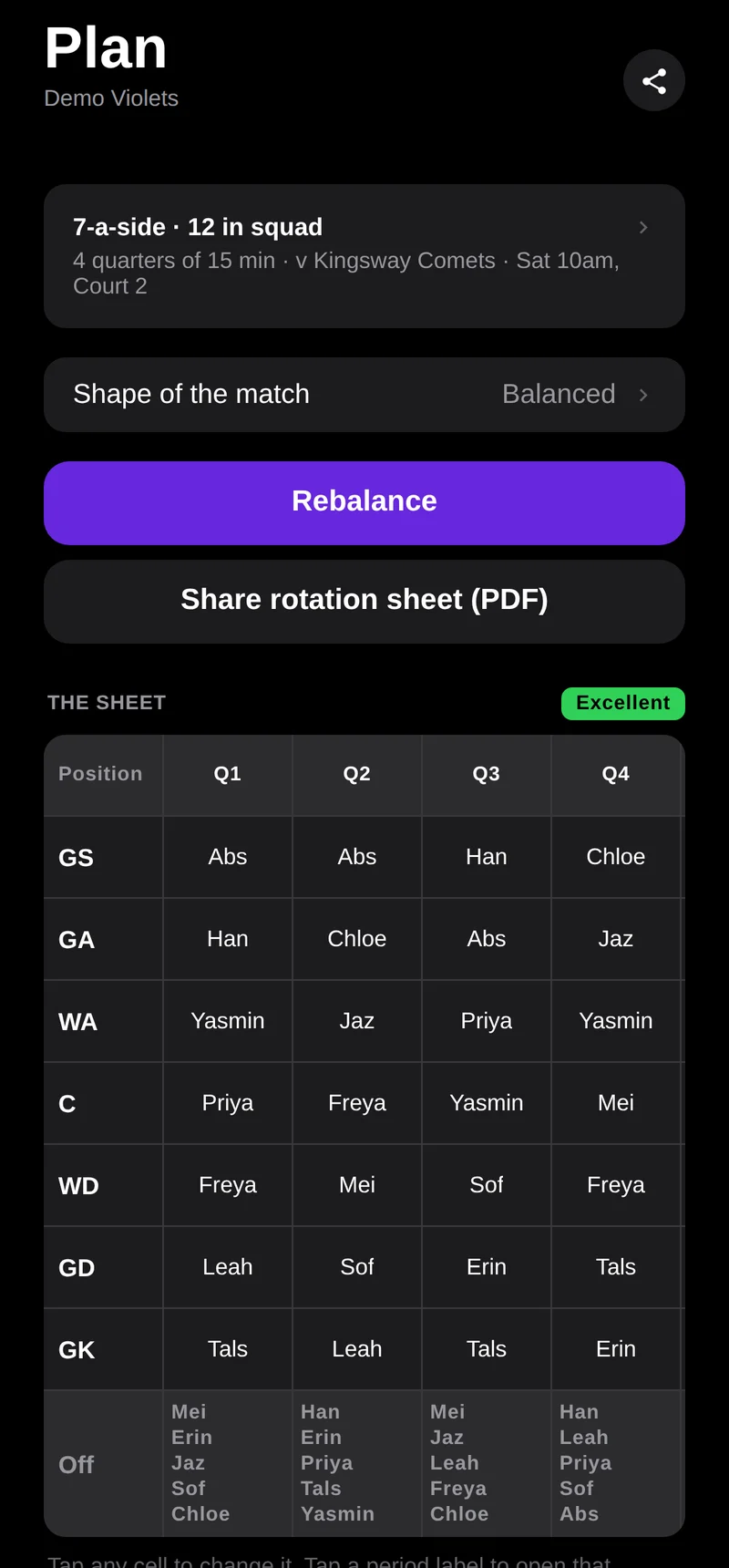 The Plan screen: a rotation sheet with every position down the side and Q1 to Q4 across the top, each quarter filled in