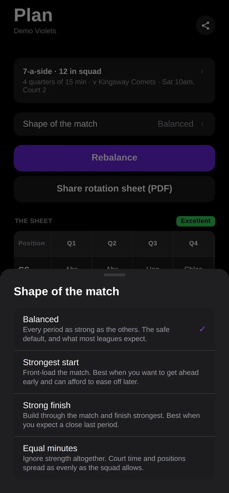 Choosing the shape of the match: balanced, strongest start, strong finish or equal minutes