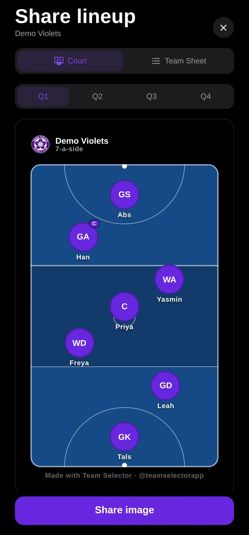 A shareable team sheet graphic for one quarter