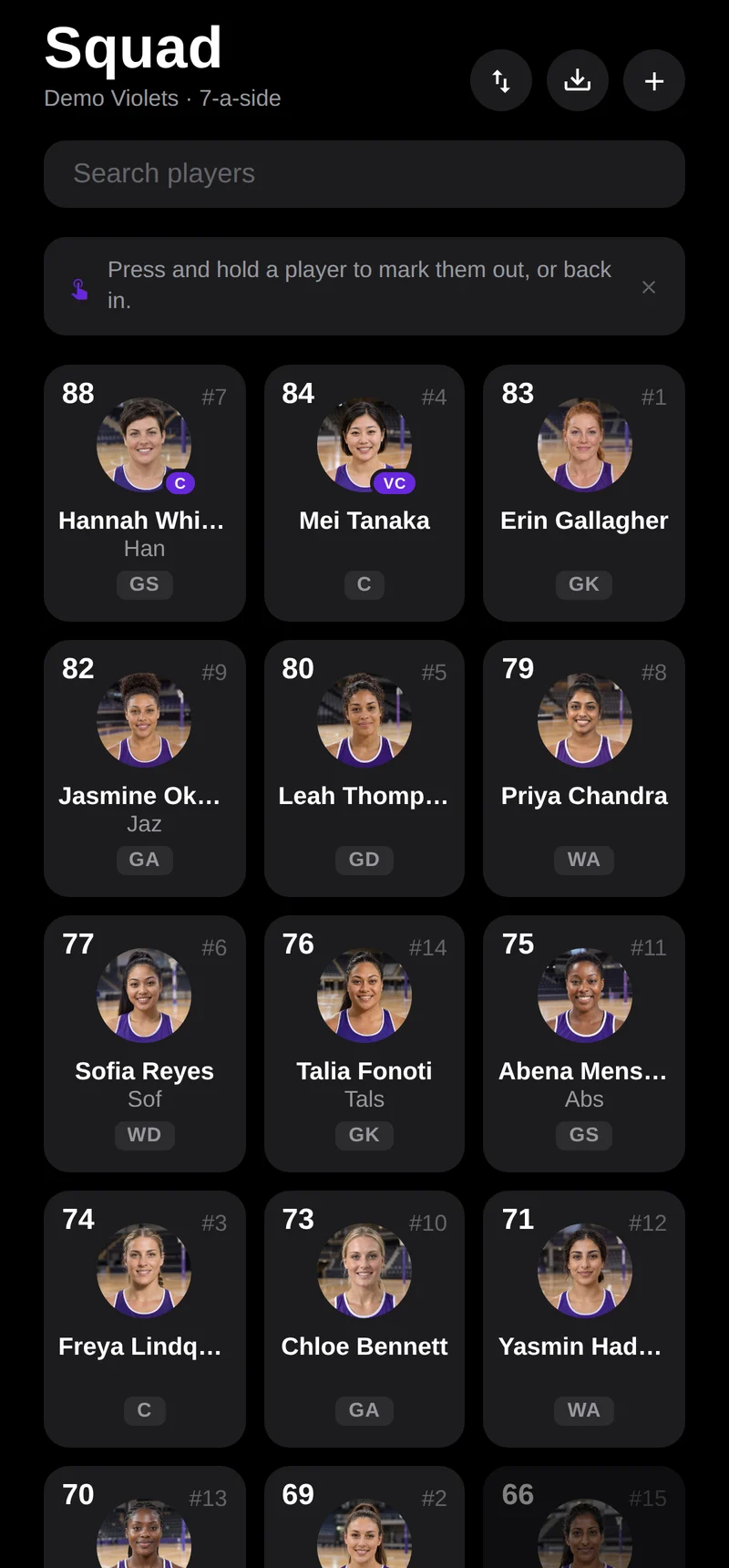 The Squad screen: player cards with ratings, positions and photos
